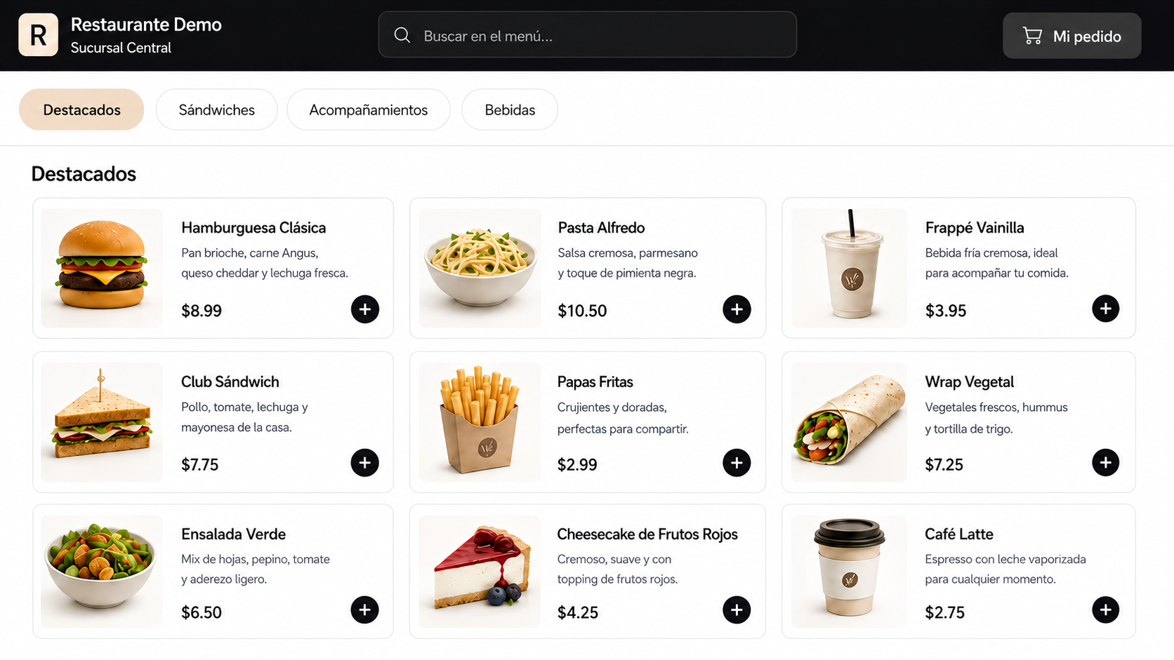 Restaurant digital menu on desktop